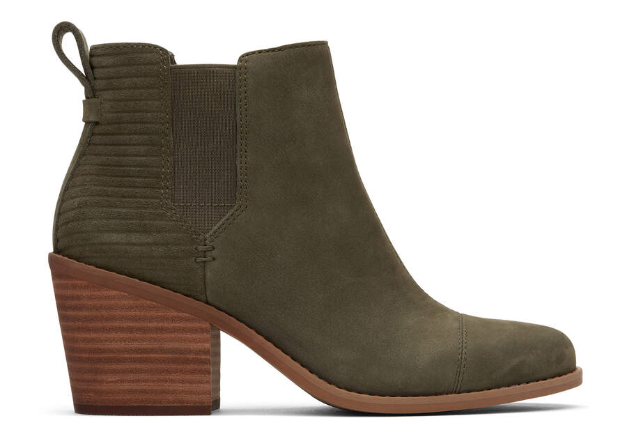 Everly Olive Nubuck Heeled Boot Side View Opens in a modal