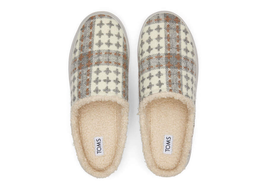 Sage Grey Plaid Faux Shearling Slipper Top View Opens in a modal