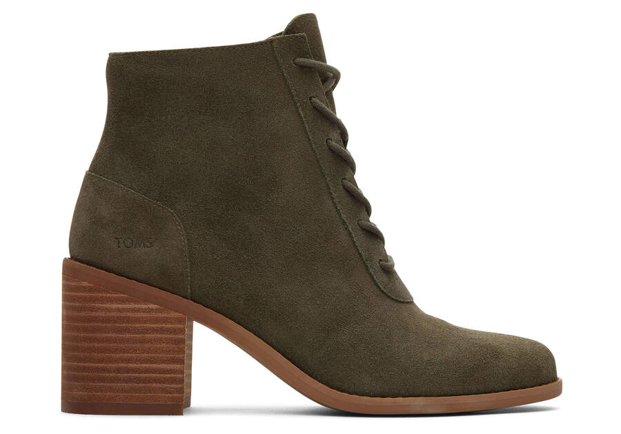 Evelyn Olive Suede Lace-Up Heeled Boot Side View Opens in a modal