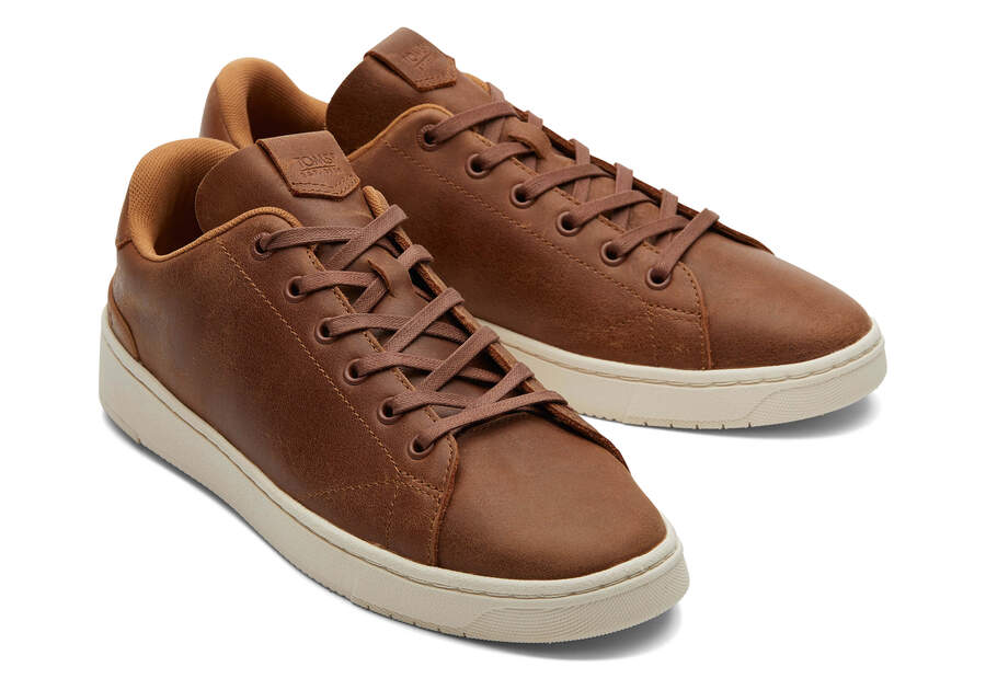 TRVL LITE Tan Leather Lace-Up Sneaker Front View Opens in a modal