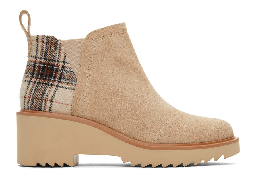 Maude Oatmeal Suede with Plaid Wedge Boot Side View Opens in a modal