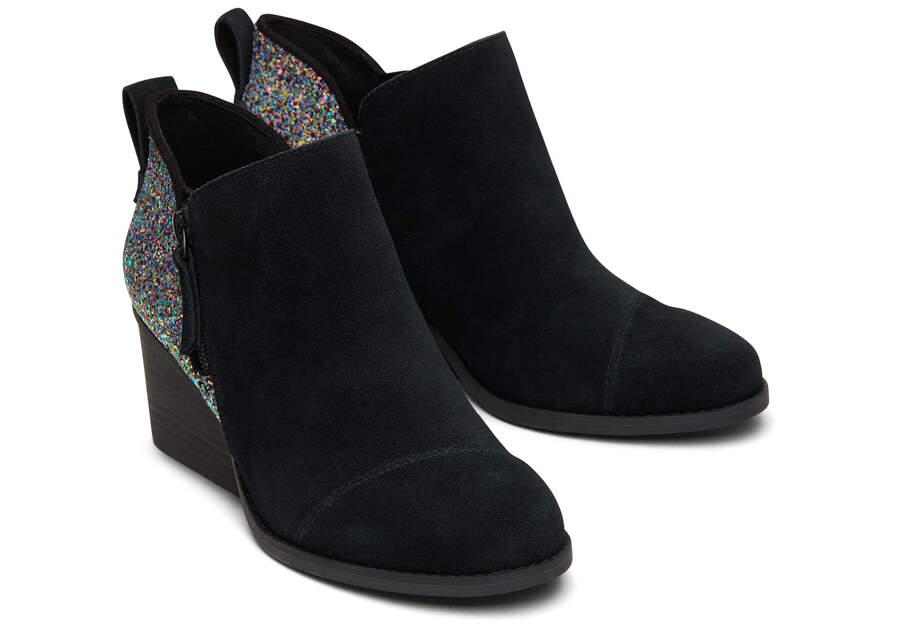 Goldie Black Suede and Chunky Glitter Wedge Boot Front View Opens in a modal