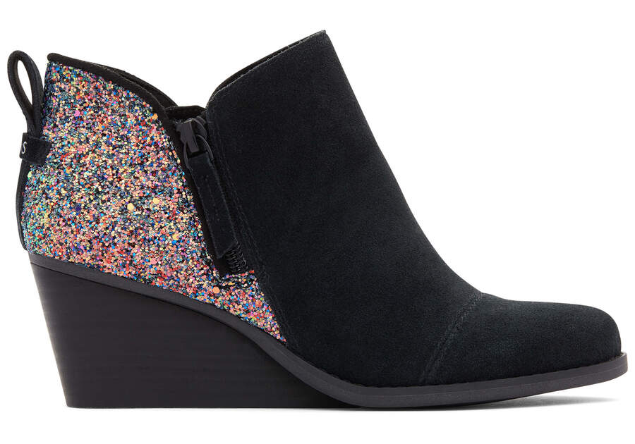 Goldie Black Suede and Chunky Glitter Wedge Boot Side View Opens in a modal
